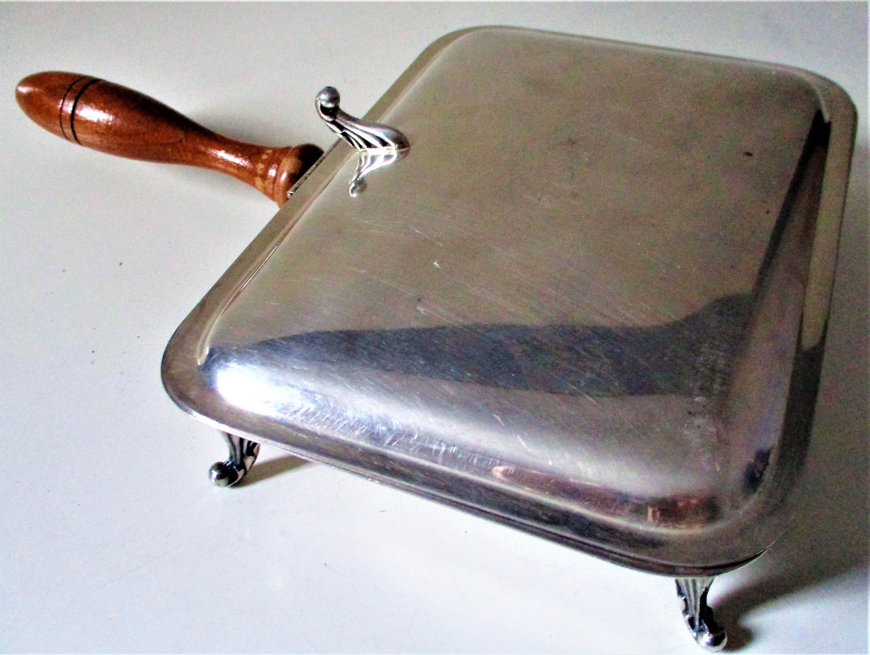 Vintage Silver Soldered Footed Silent Butler Wood Handle Hinged Lid ...