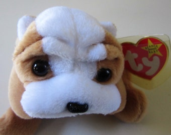 Vintage WRINKLES the DOG Ty Beanie Babies Baby Retired 1996 May Birthday Original White Brown Plush Toy Gift Animal Collectible Factory