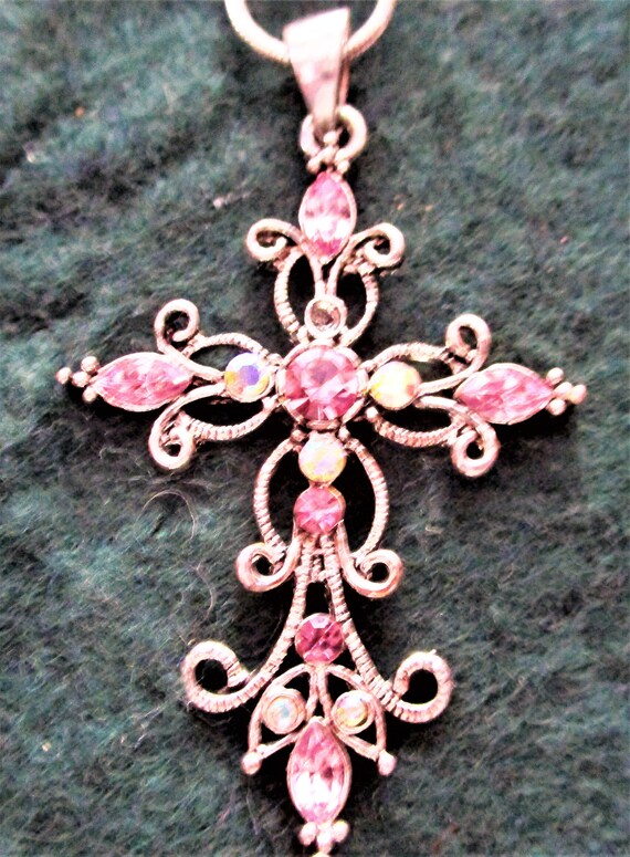 Large Pink Ruby Clear Rhinestone Cross Silver Ton… - image 8
