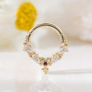 14K Solid Gold Garnet Moissanite Hinged Clicker Fleur-de-lis Gemstone Nose Ring Vintage Cartilage Daith Earring Septum Ring Bohemian Jewelry