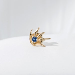 14K Solid Gold Fish Shape Blue Sapphire Earring Animal Jewelry Gemstone Cartilage Helix Earlobe Labret Push Flat Back Stud Handmade Piercing