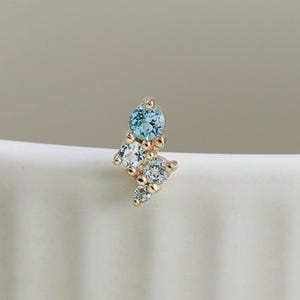 14K Solid Gold Swiss Blue Topaz Lightning Stud Earring Gemstone Cluster Flat Back Piercing Cartilage Helix Tragus Lobe Threadless Push Pin