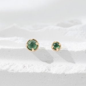 14K Solid Gold Jadeite Earring Single Polished Stone Stud Minimalist Earlobe Cartilage Helix Tragus Conch Labret Piercing Flat Back Earring