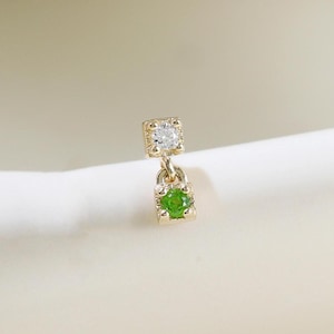 14K Solid Gold Chrome Diopside Moissanite Dangle Earring Geometric Gemstone Drop Stud Gemstone Cartilage Helix Labret Push Flat Back Stud