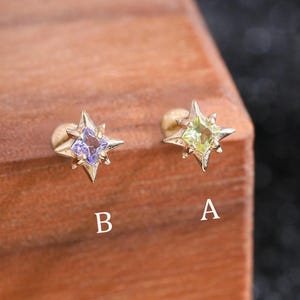14K Solid Gold Peridot / Iolite Star Stud * Celestial Cartilage Helix Earring * Gemstone Push Back Nose Piercing * Tiny Flat Back Stud