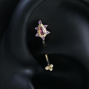 14-karätiger Gold-Ohrring mit Rhodolith, Granat und Amethyst, gebogener Hantel-Augenbrauenring, zierlicher tropfenförmiger Bauchnabelpiercing-Schmuck