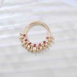 14K Solid Gold Ruby Orange Sapphire Sunburst Pattern Clicker Gemstone Septum Nose Ring Cartilage Daith Lobe Conch Helix Piercing Earring