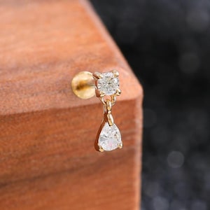 14K massivt guld diamantörhänge med hänge och daggdroppar, platt baksida, minimalistisk broskpiercing, present till henne