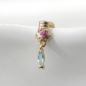 14K Solid Gold Pink Sapphire Swiss Blue Topaz Stud Earring Dangle Fish Gemstone Cartilage Labret Stud Flat Back Earring Piercing Jewelry