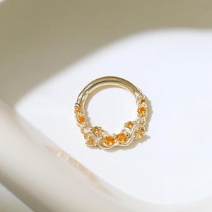 14K Solid Gold Citrine Twisted Vine Hinged Clicker Gemstone Nose Ring Cartilage Daith Earring Septum Ring 16g 8mm Piercing Gift for Her