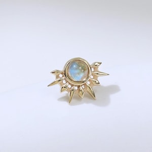 14K Solid Gold Moonstone Sunburst Earring | Half Sun Gemstone Cartilage Helix Earlobe Stud Jewelry | Labret Nose Flat Back Piercing