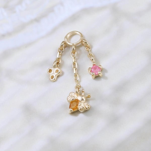 Ciondolo pendente a forma di ape in oro massiccio 14 carati con citrino e tormalina rosa, ciondolo a forma di fiorellino, ciondolo per piercing alla cartilagine, all'elice, al rook e al trago, connettore con gemma.
