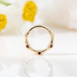 14K Solid Gold Bamboo Knot Garnet Hinged Clicker Nature-Inspired Gemstone Nose Ring Cartilage Daith Earring Septum Ring Piercing 16g 8mm