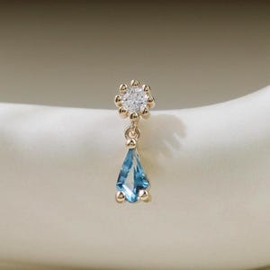 14K Solid Gold London Blue Topaz Moissanite Stud Kite Gemstone Flat Back Earring Diamond Cartilage Helix Lobe Tragus Conch Piercing Jewelry