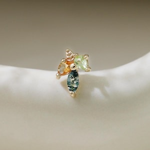 May include: A gold-colored stud earring featuring a cluster of colorful gemstones. The gemstones include shades of green, orange, and blue. The earring is set against a white background.