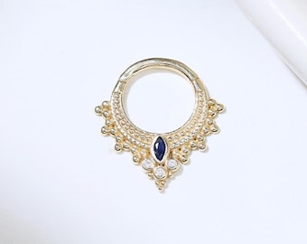 14K Solid Gold Blue Sapphire Septum Ring Sparkling Gemstone Cartilage Daith Earring Hinged Clicker Nose Septum Hoop 16g 8mm Gift for Her