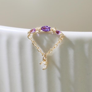 14K Solid Gold Amethyst Dangle Chain Stud Earring Moissanite Drop Chain Hidden Helix Push Flat Back Stud Gemstone Cartilage Helix Piercing