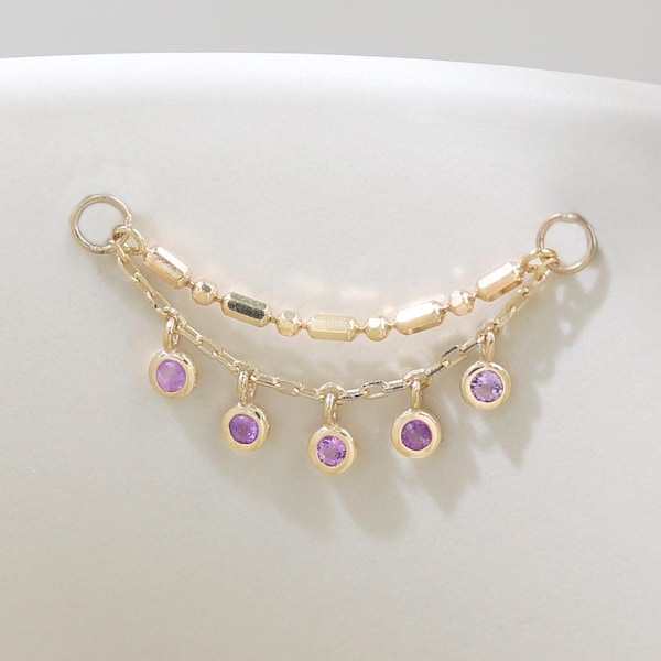 14K Solid Gold Amethyst Polished Double Nose Chain Gemstone Cartilage Helix Dangle Chain Attachment Dainty Chain Ear Jacket Gift for Her