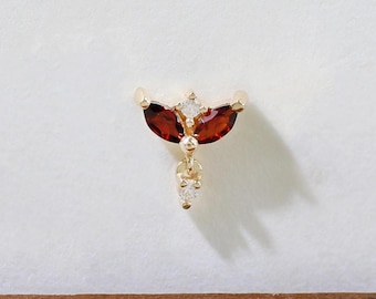 14K Solid Gold Garnet Wing Dangle Stud Earring Butterfly-Inspired Moissanite Drop Push Pin Flat Back Dainty Cartilage Helix Lobe Piercing