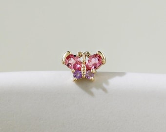 14K Solid Gold Butterfly Pink Tourmaline Stud Earring Animal Wing Amethyst Push Pin Flat Back Dainty Gemstone Cartilage Helix Lobe Piercing