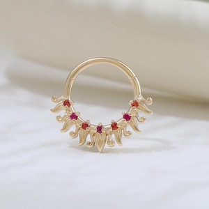 14K Solid Gold Ruby Orange Sapphire Sunburst Pattern Clicker Gemstone Septum Nose Ring Cartilage Daith Lobe Conch Helix Piercing Earring