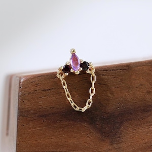 14K Solid Gold Amethyst Garnet Chain Dangle Earring Gemstone Chain Drop Stud Cartilage Helix Earlobe Piercing Dainty Flat Back Earring