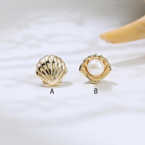 14K Solid Gold Seashell Freshwater Pearl Stud Earring Clamshell Threadless Push Pin Cartilage Helix Earlobe Piercing Beach Style Jewelry