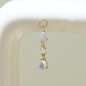 14K Solid Gold Moonstone Moissanite Charm Clear Gemstone Pendant Cartilage Helix Rook Tragus Hoop Huggie Charm Piercing Handmade Gift