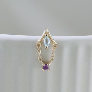 14k Solid Gold Amethyst Swiss Blue Topaz Arrow Chain Dangle Earring Gemstone Chain Drop Helix Cartilage Earlobe Labret Piercing Jewelry Gift