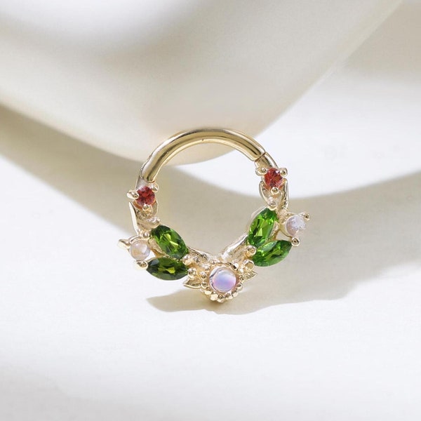 Pendiente de aro con flor de diópsido cromado y piedra lunar en oro macizo de 14 quilates, anillo para la nariz con zafiro naranja, piedra preciosa, anillo para el tabique nasal, pendiente para cartílago, daith, 16 g