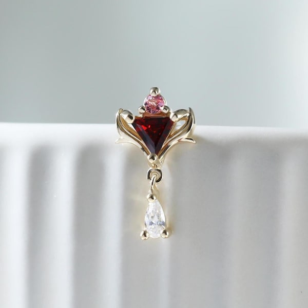 Pendiente de botón con forma de gota de moissanita, turmalina rosa y granate en oro macizo de 14 quilates, romántico pendiente con gema colgante para cartílago, piercing con presión.
