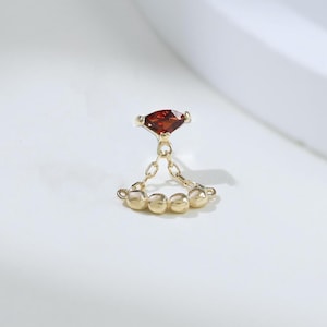 14K Solid Gold Fan Shape Garnet Stud Earring Delicate Gemstone Bead Dangle Cartilage Labret Stud Geometric Push Flat Back Earring Piercing