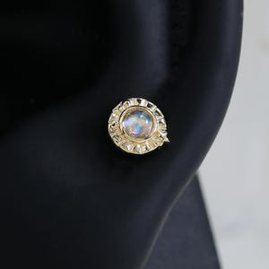 14K Solid Gold Moonstone Flower Earring Vintage Gemstone Cartilage Helix Earlobe Labret Push Flat Back Stud Piercing Jewelry Handmade Gift