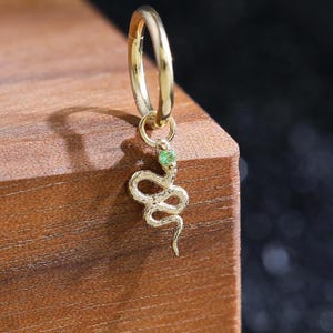 14K Solid Gold Snake Tsavorite Charm | Unique Snake Gemstone Hoop Attachment | Cartilage Rook Tragus Accessory | Ancient Symbolism Piercing