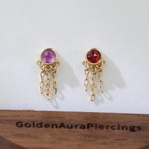 14K Solid Gold Amethyst Garnet Triple Chain Dangle Earring Gemstone Chain Drop Cartilage Helix Earlobe Push Flat Back Stud Piercing Jewelry