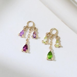 14K Solid Gold Chrome Diopside Amethyst Peridot Rhodolite Garnet Charm Triple Dangle Gemstone Clicker Charm Cartilage Helix Hoop Charm