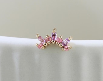 14K Solid Gold Pink Tourmaline Amethyst Crown Stud Earring Gemstone Cluster Cartilage Threadless Push Pin Helix Lobe Conch Tragus Piercing