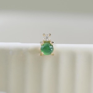 14K Solid Gold Jadeite Moissanite Earring Two Gemstone Helix Earlobe Labret Push Flat Back Stud Simple Piercing Handmade Jewelry Gift