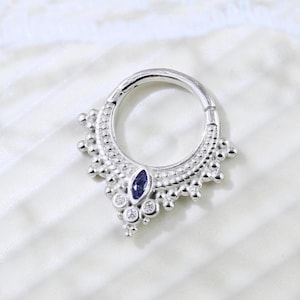14K Solid Gold Blue Sapphire Septum Ring Sparkling Gemstone Cartilage Daith Earring Hinged Clicker Nose Septum Hoop 16g 8mm Gift for Her
