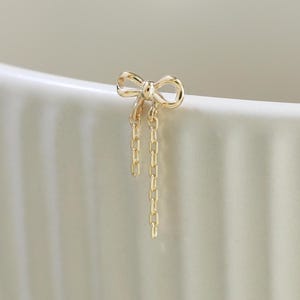 14K Solid Gold Bowknot Dangle Chain Stud Earring Bow Chain Drop Threadless Push Pin Dainty Cartilage Helix Tragus Lobe Piercing Gift for Her