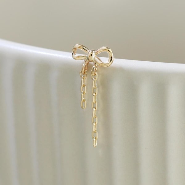 14K Solid Gold Bowknot Dangle Chain Flat Back Stud Bow Threadless Push Pin Earring Cartilage Helix Tragus Lobe Piercing Jewelry Gift For Her