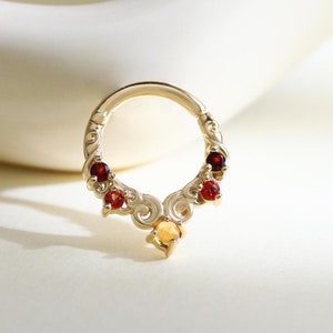 14K Solid Gold Citrin Klapp Clicker Zierlich Orange Saphir Granat Nasen Ring Edelstein Knorpel Ohrring Huggie Hoop Ohrring Septum Ring