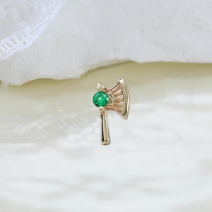 14K Solid Gold Axe Emerald Stud Earring Tool Shape Gemstone Cartilage Labret Helix Push Flat Back Stud Minimalist Handmade Piercing