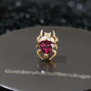 May include: A gold beetle-shaped piercing stud featuring a triangular deep pink gemstone at its center. The piece is displayed on a circular black base with the text GoldenAuraPiercings printed in white on the surface of the base.