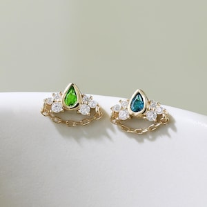 14K Solid Gold Chrome Diopside London Blue Topaz Dangle Chain Earring Gemstone Earring Push Back Earring Earlobe Cartilage Stud Piercing