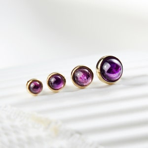 14K Solid Gold Amethyst Round Multiple Size Stud Earring Minimalist Gemstone Flat Push Back Earring Labret Cartilage Helix Earlobe Stud