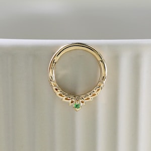 14K Solid Gold Tsavorite Leaf Pattern Hinged Clicker Elegant Gemstone Nose Ring Cartilage Helix Daith Hoop Earring Seamless Septum Ring 16g