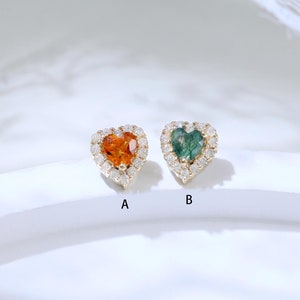 Pendiente de oro macizo de 14 quilates con forma de corazón de citrino y ágata musgosa, piedra preciosa para hélice, cartílago, trago, parte trasera plana, joyería hecha a mano, piercing, regalo