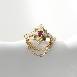 Anello a cerchio con pietra preziosa pendente a forma di fiore in oro massiccio 14 carati, rubino e tsavorite, con catena a scatto, anello per cartilagine, orecchino a cerchio Huggie, anello a scatto
