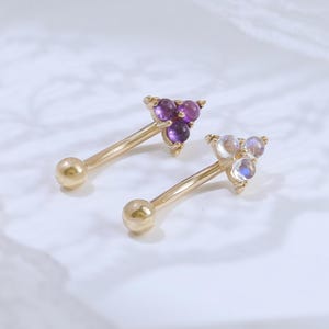 14K Solid Gold  Amethyst Rook Piercing Moonstone Triangle Curved Barbell Earring Cluster Gemstone Eyebrow Jewelry Pyramid Shaped Stud 16G
